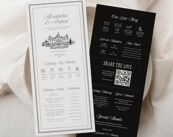 Old Money Inspired Black Ivory Infographic Wedding Program Template, Editable Canva Timeline, 4x9 Printable Ceremony Program