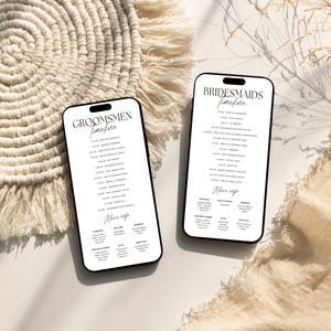 May include: Two black and white phone-shaped cards with a wedding timeline for the bridesmaids and groomsmen. The cards have a minimalist design with the words "Bridesmaids Timeline" and "Groomsmen Timeline" in a handwritten font.