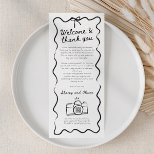 Wedding Thank You Card with Qr Code, Hand Drawn Welcome and Thank You Table Cards, Printable Reception Welcome Note, Place Setting Canva DIY