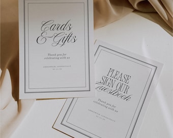 Old Money Black and Ivory Cards & Gifts Sign, Classic Guestbook Wedding Template, Elegant Reception Canva Printable