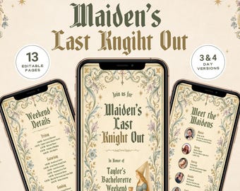 Maidens Last Knight Out Bachelorette Itinerary Template, Medieval Bachelorette Weekend, Fantasy Bridal Canva Template
