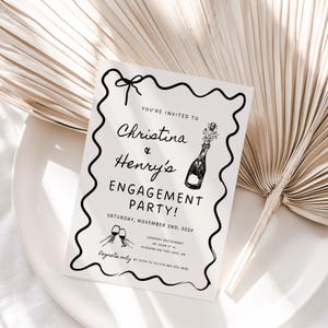 Wavy Engagement Party Invitation, Whimsical Bridal Shower Invites, Hand Drawn Style Champagne DIY Wedding Template, Wedding Invitation Card