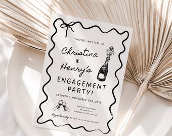 Wavy Engagement Party Invitation, Whimsical Bridal Shower Invites, Hand Drawn Style Champagne DIY Wedding Template, Wedding Invitation Card