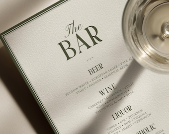 Olive Green Bar Menu Sign Template, Timeless Wedding Drinks List, Quiet Luxury Printable Canva Sign