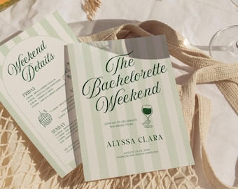 May include: Two invitations with a light green and white striped design, advertising a bachelorette weekend. The main invitation reads "The Bachelorette Weekend" with the bride's name and event details. The other invitation lists weekend details.