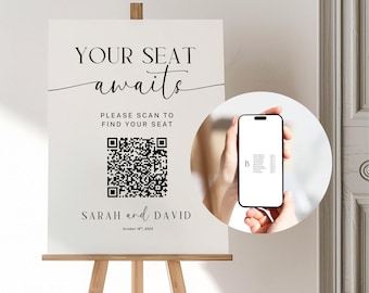 Digital Seating Chart with QR Code Sign Template, Wedding Alphabetical Table Guest Seating Website, Minimalist Find Your Seat Signage Canva