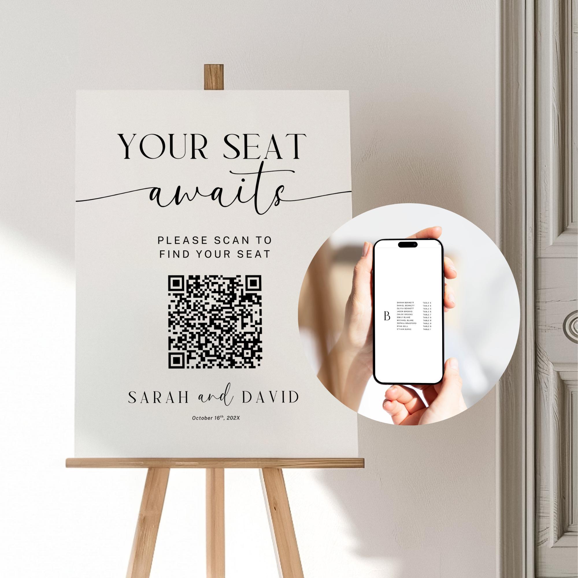 Digital Seating Chart with QR Code Sign Template, Wedding Alphabetical Table Guest Seating Website, Minimalist Find Your Seat Signage Canva