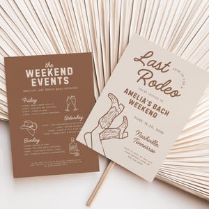 May include: A tan and brown invitation with a line drawing of cowboy boots. The text reads "Join us for a Last Rodeo. You're invited to Amelia's Bach Weekend. June 16-20, 2026. Nashville, Tennessee. RSVP to April by May 6th. Email: [email protected] or 555-324-4646."