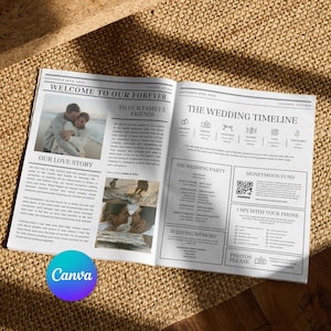 Puede incluir: Un anuncio de boda al estilo de un periódico con un diseño en blanco y negro. El titular dice "Bienvenido a nuestro para siempre". El anuncio incluye una foto de la pareja, una línea de tiempo del día de la boda y una sección para que los invitados contribuyan a un fondo de luna de miel.