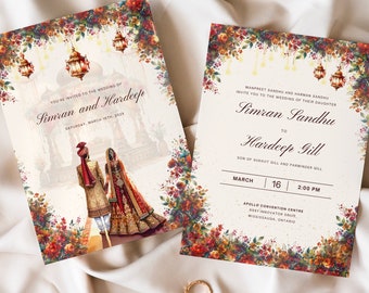 Elegante invitación de boda india, invitación de boda india, invitaciones de boda, plantilla de invitación de boda, tarjeta de invitación de boda, hindú