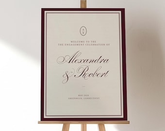 Burgundy Engagement Party Welcome Sign Template, Old Money Style, Editable Canva Sign, Classic Estate Decor