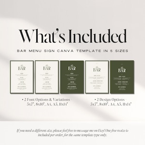 May include: A bar menu sign Canva template in five sizes. The design includes five framed bar menus with the text "The Bar" at the top. The menu lists beer, wine, liquor, and non-alcoholic options. The image also includes text about font and design options.