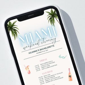 Peut inclure: Un &eacute;cran de t&eacute;l&eacute;phone num&eacute;rique affichant un itin&eacute;raire de week-end &agrave; Miami pour un enterrement de vie de jeune fille. L'itin&eacute;raire comprend des activit&eacute;s telles que le yoga sur la plage, un brunch avec un spectacle de drag queens et un danseur priv&eacute;. L'arri&egrave;re-plan pr&eacute;sente une illustration aquarelle de palmiers.