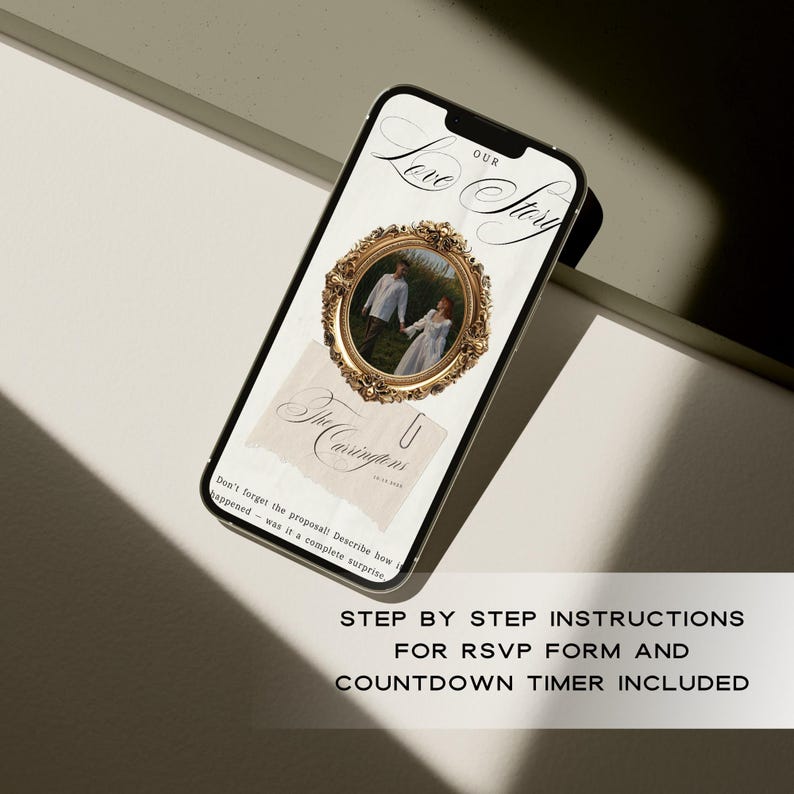 May include: A smartphone displays a wedding invitation design. The screen shows a photo of a couple in a gold ornate frame, with the words "Our Love Story" at the top. The invitation includes RSVP instructions and a countdown timer.