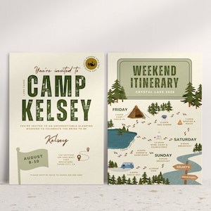 Camp Bachelorette Party Invitation & Itinerary, Travel Packing List (Canva Template)