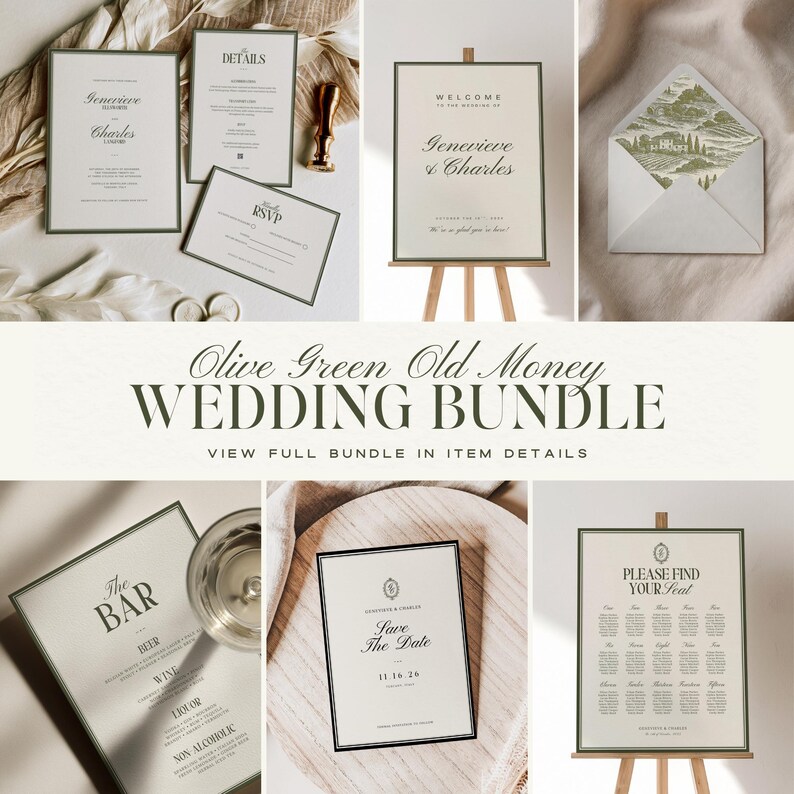 Olive Green Bar Menu Sign Template, Timeless Wedding Drinks List, Quiet Luxury Printable Canva Sign image 4