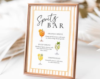 Spritz Bar Sign Template Canva Editable, Orange, Hugo, Limoncello Spritz, Wedding Cocktail Menu Sign DIY