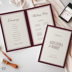 Burgundy Old Money Aesthetic Wedding Program Template, Elegant Canva Printable Booklet