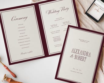 Burgundy Old Money Wedding Program Template, Elegant Canva Printable, Classic Estate Order of Events, Wedding Program Booklet