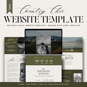May include: A digital website template set featuring a dark olive green and white color scheme. The design includes sections for wedding details, a countdown timer, RSVP forms, and photo galleries with elegant script typography and serif fonts.