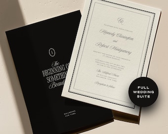 Old Money Black and Ivory Wedding Invitation Suite Canva Template, Classic Elegant Black White Invite Set, Estate Wedding Printable