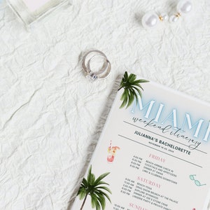 Peut inclure: Une carte blanche avec un titre bleu et rose n&eacute;on "MIAMI weekend itinerary" et un motif de palmier. La carte liste un itin&eacute;raire de week-end pour un enterrement de vie de jeune fille &agrave; Miami, en Floride. L'itin&eacute;raire comprend des activit&eacute;s telles que le yoga sur la plage, le brunch et une soir&eacute;e dansante priv&eacute;e.