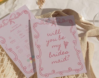 Pink Bow Bridesmaid Proposal Card Template, Hand Drawn Will You Be My Bridesmaid, Bridesmaid Proposal Cards, Maid of Honor Proposal Canva