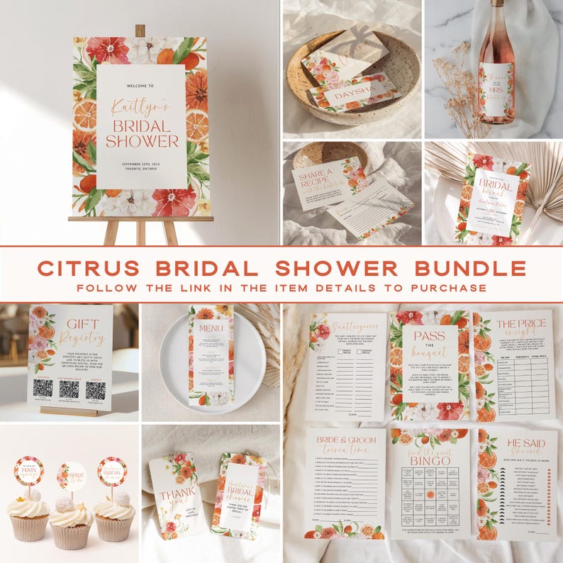 May include: A printable bridal shower bundle with a citrus theme. The bundle includes a welcome sign, gift registry, menu, games, and thank you cards. The design features watercolor illustrations of oranges, lemons, and flowers.