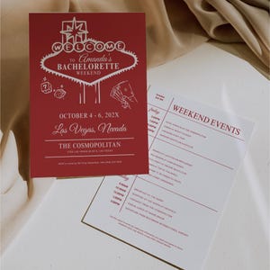 May include: Red and white invitation for a bachelorette party in Las Vegas. The invitation features a stylized image of the "Welcome to Fabulous Las Vegas" sign with dice and playing cards. The invitation includes the dates "October 4-6, 202X" and the location "Las Vegas, Nevada". The invitation also includes the name of the hotel, "The Cosmopolitan", and a list of weekend events.