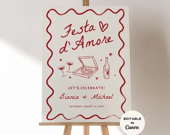 Amore Engagement Party Welcome Sign, Engagement Party Decorations, Engagement Sign, Whimsical Italian Theme Hand Drawn DIY, Pizza
