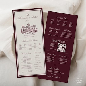 Peut inclure: Deux cartons de faire-part de mariage bordeaux et crème. Le carton avant présente une illustration de château et les détails de l'événement. Le carton arrière comprend un code QR et du texte sur l'histoire d'amour du couple.