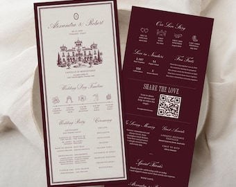 Old Money Inspired Burgundy Infographic Wedding Program Template, Editable Canva Timeline, 4x9 Printable Ceremony Program
