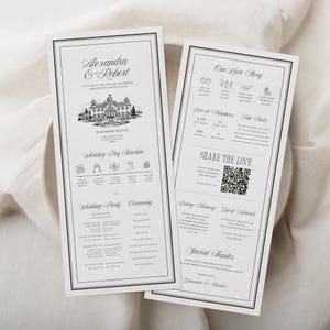Old Money Inspired Black Ivory Infographic Wedding Program Template, Editable Canva Timeline, 4x9 Printable Ceremony Program