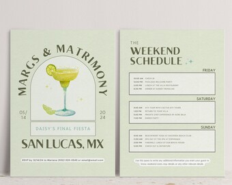Margs & Matrimony Junggesellinnenabschied Einladung, letzte Fiesta Reiseplan (Digitaler Download)