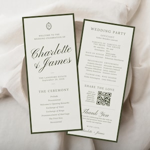 Puede incluir: Dos tarjetas rectangulares de programa de boda con bordes verde oscuro y papel color crema. El texto incluye los nombres Charlotte y James, la fecha 20 de septiembre de 2026, el orden de la ceremonia, la lista de la boda y un código QR.