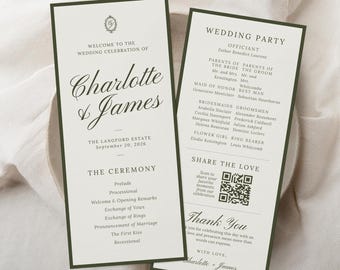 Olive Green Wedding Program Template, Old Money Wedding Program, Elegant Ceremony Program, Editable Canva Wedding Program, 4x9
