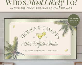 Tequila & Tanlines Most Likely To Game, Animated Bachelorette Game, Gender Swap Bach Game, Editable Canva Template, Beach Hens Party Trivia