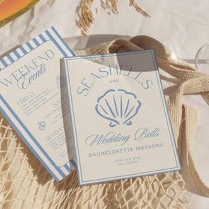 Seashells and Wedding Bells Bachelorette Itinerary Template, Beach Bachelorette Party Invitation, Coastal Last Toast Digital Invite Canva