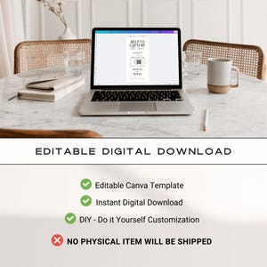 May include: A laptop displays a digital download template with the text "Help Us Capture the Love." The image includes a camera icon and names. Below, text reads "Editable Digital Download" and details about the template.