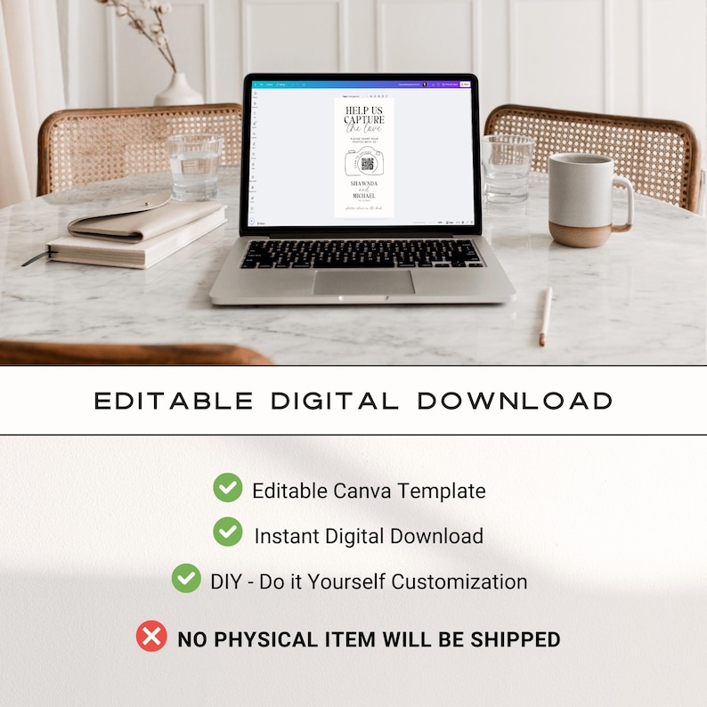 May include: A laptop displays a digital download template with the text "Help Us Capture the Love." The image includes a camera icon and names. Below, text reads "Editable Digital Download" and details about the template.