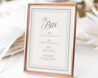 Old Money Wedding Bar Menu Sign, Classic Cocktail Template (Canva Printable)