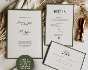 Wedding Invitation Suite Canva Template, Olive Green Cream Elegant Invite Set, Classic Estate Wedding Printable, Instant Download
