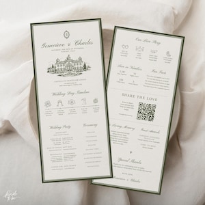 Old Money Inspired Olive Green Wedding Program Template, Editable Canva Timeline, 4x9 Printable Ceremony Program