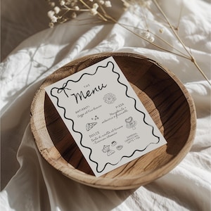 Wavy Engagement Party Menu Template, Hand Drawn Wedding Menu Template, Bow Wedding Menu, Rehearsal Dinner Party Menu, Canva Hand Drawn Menu
