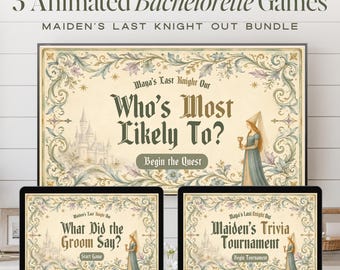 Animated Bachelorette Games Bundle, 3 Bachelorette Party Games, Most Likely To,  What Did the Groom Say, Trivia Game, Editable Canva Games
