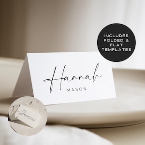 Minimalist Place Card Template, Flat and Foldable Table Name Card Printable, Editable Wedding Guest Tag, Dinner Party Seating Card Canva DIY