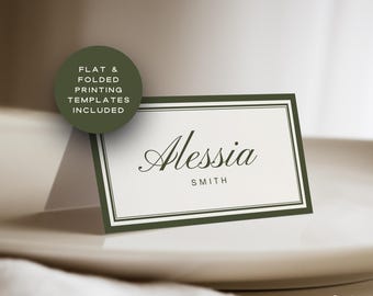 Olive Green Place Card Template, Luxury Wedding Name Cards, Flat, Folded & Single Designs, Printable Seating Cards, Canva Editable