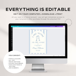 May include: A computer screen displaying a blue and white printable invitation for a bachelorette party. The invitation says "Last Toast on the Coast" with a graphic of two champagne glasses. The text "Bachelorette Weekend Celebrating Morgan Williamson" is also included.