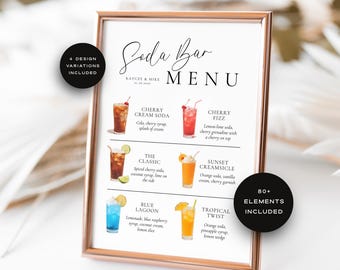 Soda Bar Menu Sign Template, Editable Soda Bar Sign, Soda Bar Menu Bridal Shower Decor, Lemonade Wedding Drink Menu Canva DIY