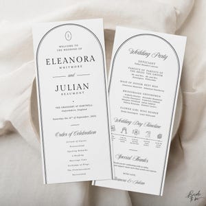 May include: Two white wedding program cards with black text and an arched border design. The left card displays the names Eleanora Whitmore and Julian Beaumont, while the right card lists the wedding party and a timeline with small icons.
